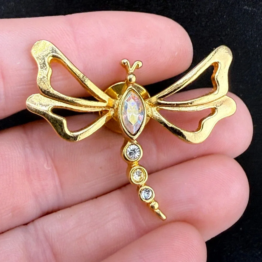 Vintage Avon Dragonfly Pin Gold Tone AB Crystal Rhinestone Small